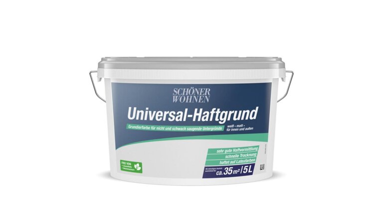 5-Liter-Eimer "Universal-Haftgrund" von "Schöner Wohnen",  einer weißen, matten Grundierfarbe für nicht und schwach saugende Untergründe, für den Innen- und Außenbereich.